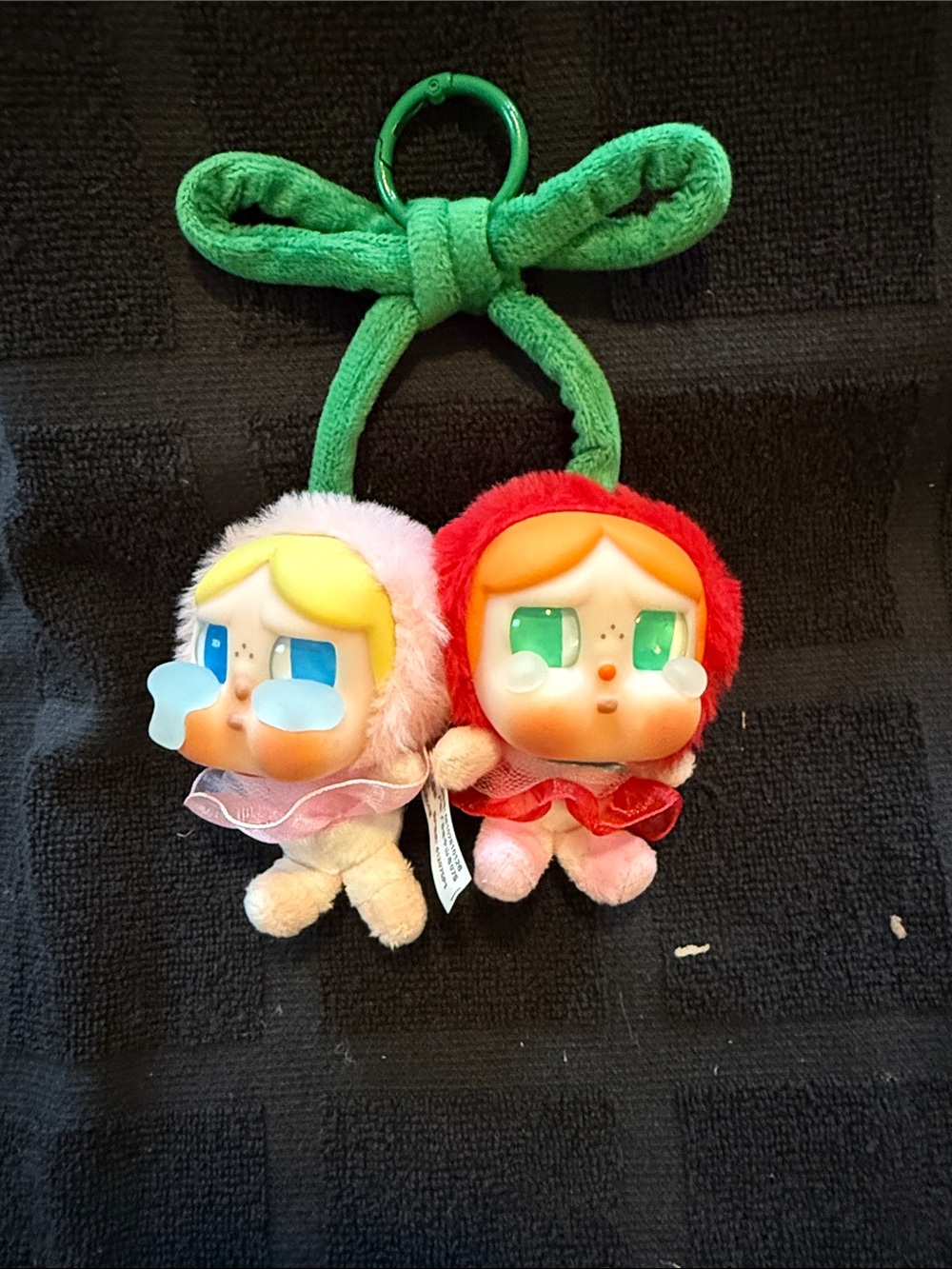 Cry baby Twin Plush Doll Keychain Set in Green, Pink and Red - Cute Hanging Toy